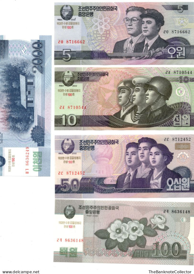 NORTH KOREA  5-10-50-100-200-500-1000-2000-5000 Won 2002-2008 Series 9 PCS SET UNC - Korea, North