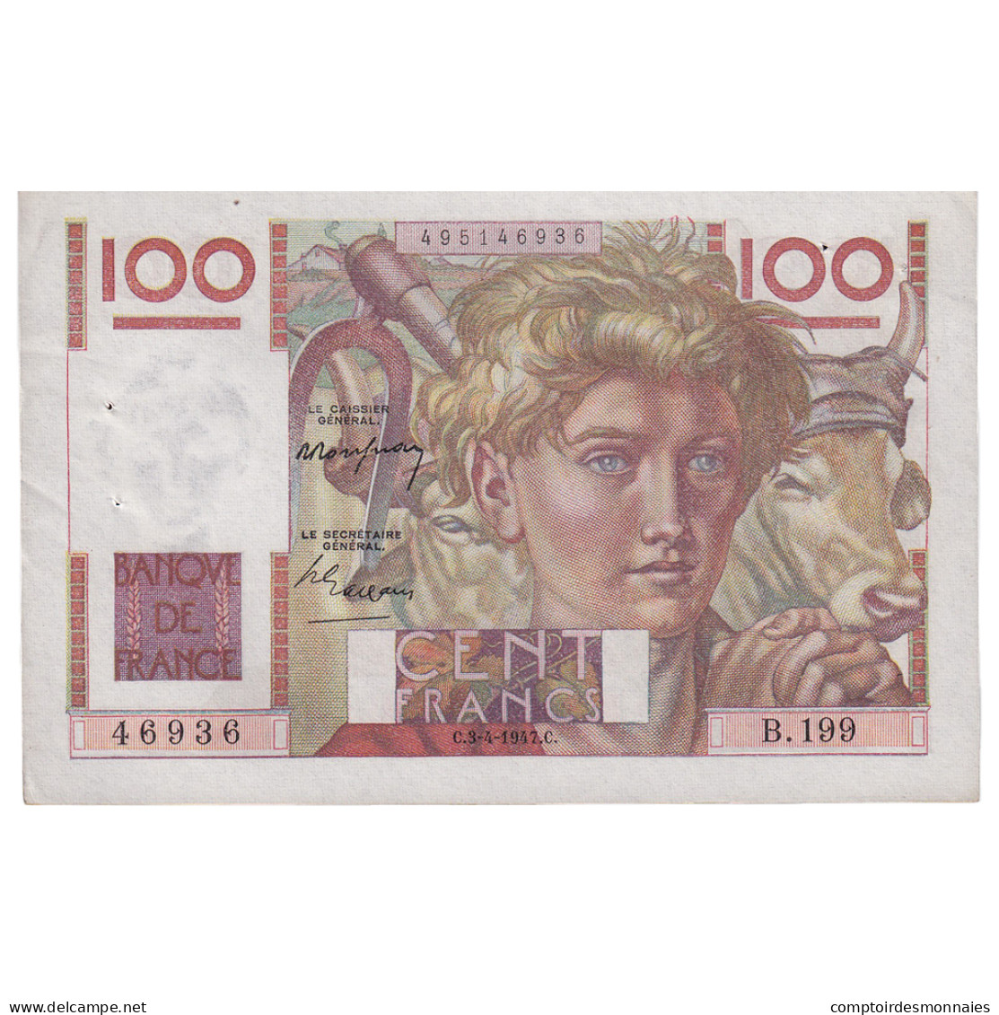 France, 100 Francs, Jeune Paysan, 1947, B.199, SUP, Fayette:28.14, KM:128b - 100 F 1945-1954 ''Jeune Paysan''