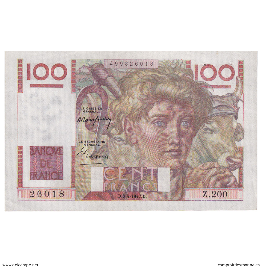 France, 100 Francs, Jeune Paysan, 1947, Z.200, TTB+, Fayette:28.14, KM:128b - 100 F 1945-1954 ''Jeune Paysan''