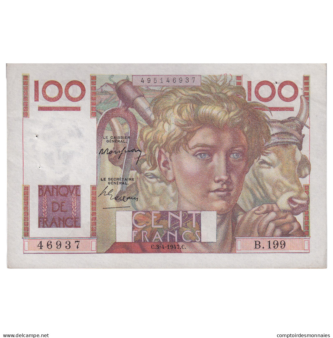 France, 100 Francs, Jeune Paysan, 1947, B.199, SUP, Fayette:28.14, KM:128b - 100 F 1945-1954 ''Jeune Paysan''