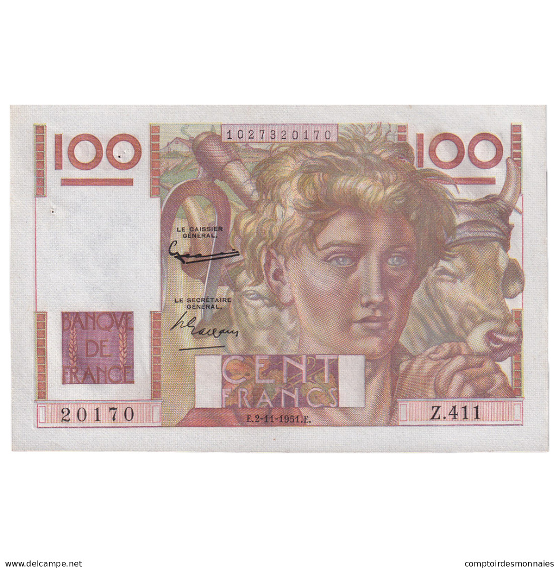 France, 100 Francs, Jeune Paysan, 1951, Z.411, TTB+, Fayette:28.30, KM:128d - 100 F 1945-1954 ''Jeune Paysan''