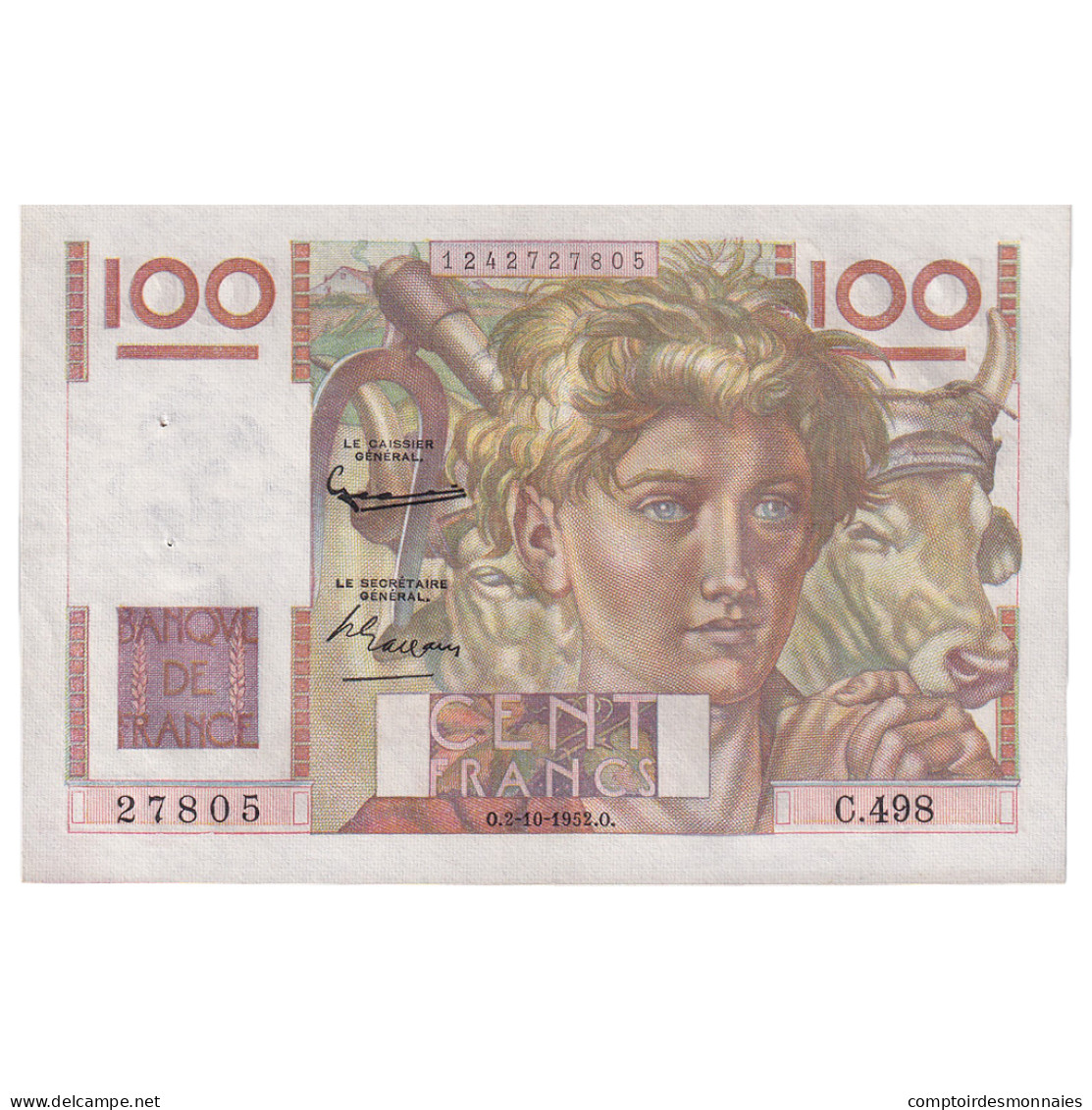 France, 100 Francs, Jeune Paysan, 1952, C.498, TTB+, Fayette:28.34, KM:128d - 100 F 1945-1954 ''Jeune Paysan''