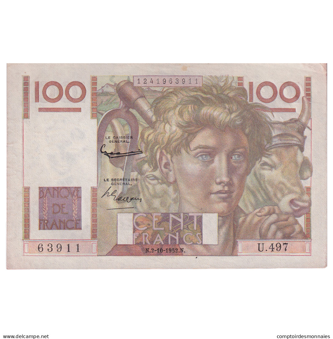 France, 100 Francs, Jeune Paysan, 1952, U.497, TTB, Fayette:28.34, KM:128d - 100 F 1945-1954 ''Jeune Paysan''