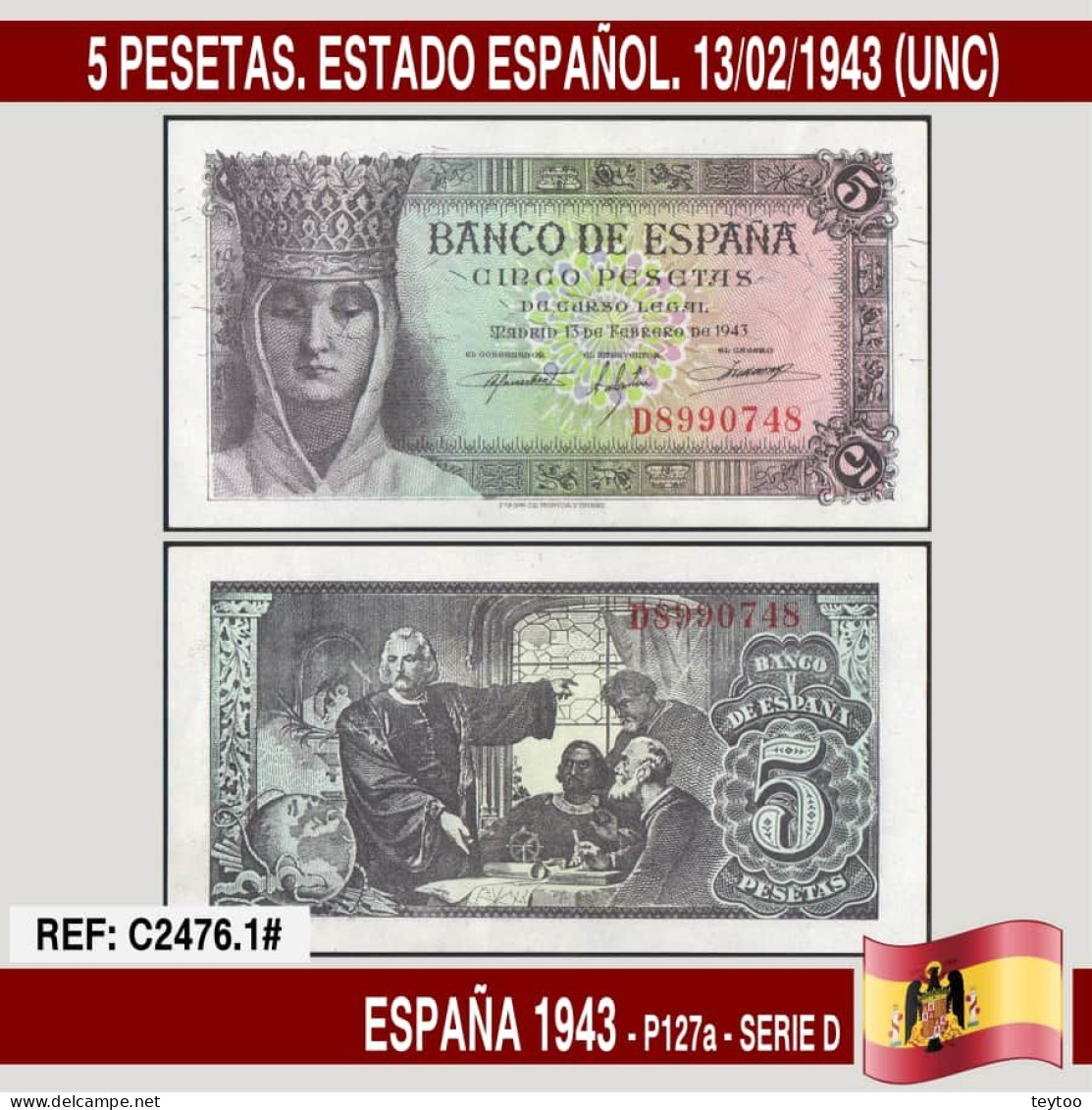 C2476.1# España 1943. 5 Pesetas. Estado Español. 13/02/1943 (UNC) P-127a - 1-2 Pesetas