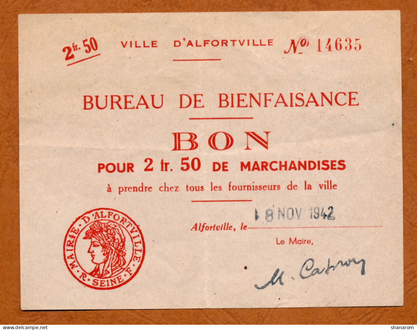 1942 // ALFORVILLE (Val De Marne 94) // Bureau De Bienfaisance // Bon Pour Deux Francs Et Cinquante Centimes - Bonos