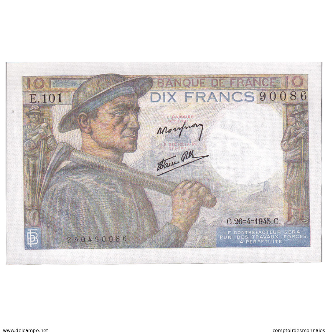 France, 10 Francs, Mineur, 1945, E.101, NEUF, Fayette:8.14, KM:99e - 10 F 1941-1949 ''Mineur''