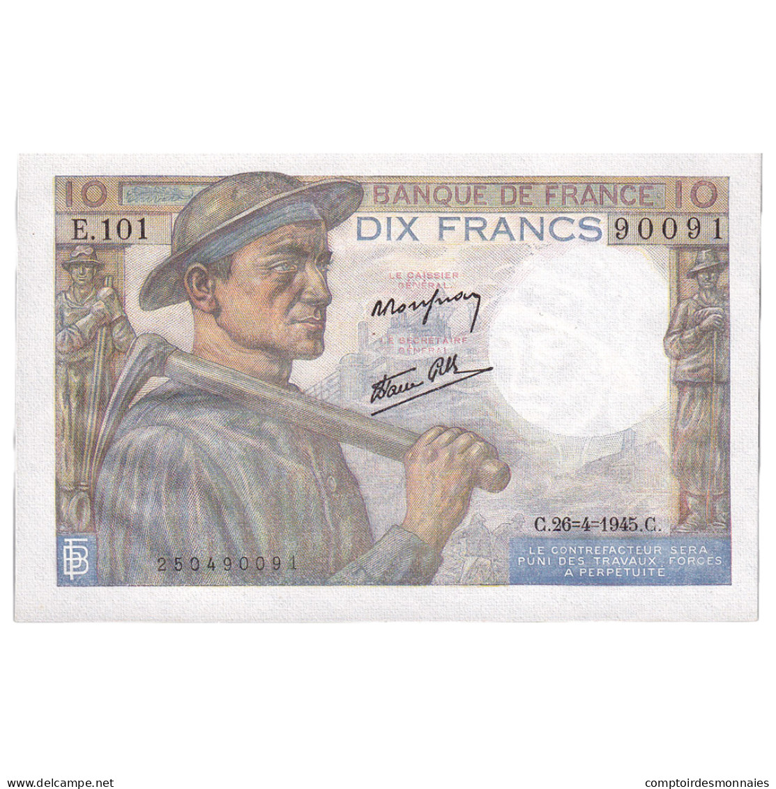 France, 10 Francs, Mineur, 1945, E.101, NEUF, Fayette:8.14, KM:99e - 10 F 1941-1949 ''Mineur''