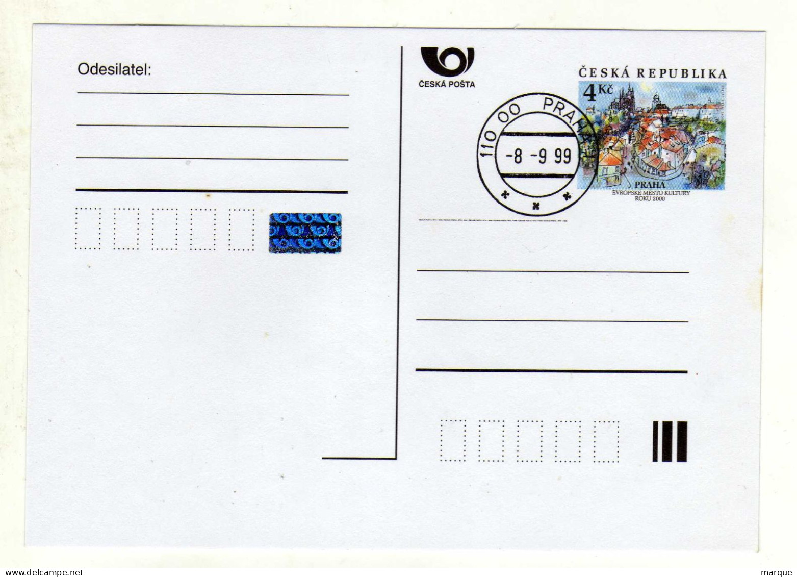Entier Postal 1er Jour TCHEQUIE CESKA REPUBLIKA Oblitération PRAHA 08/09/1999 - Cartes Postales