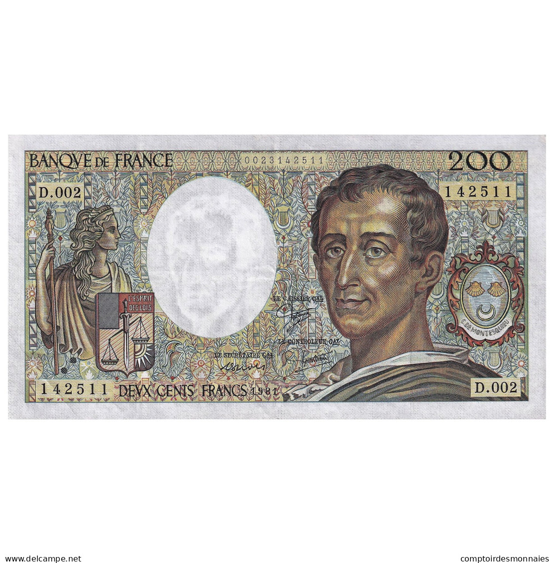 France, 200 Francs, Montesquieu, 1981, D.002, SUP, Fayette:70.01, KM:155a - 200 F 1981-1994 ''Montesquieu''