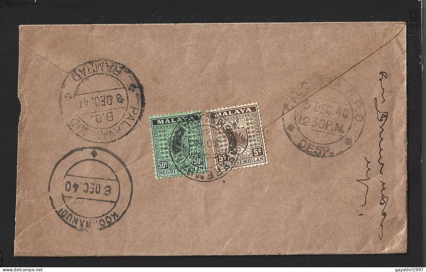 Malaya Negri Sembilan Stamps On Cover Seremban To India 1940 With Not Opened By Censor Cancellation (B62) - Negri Sembilan