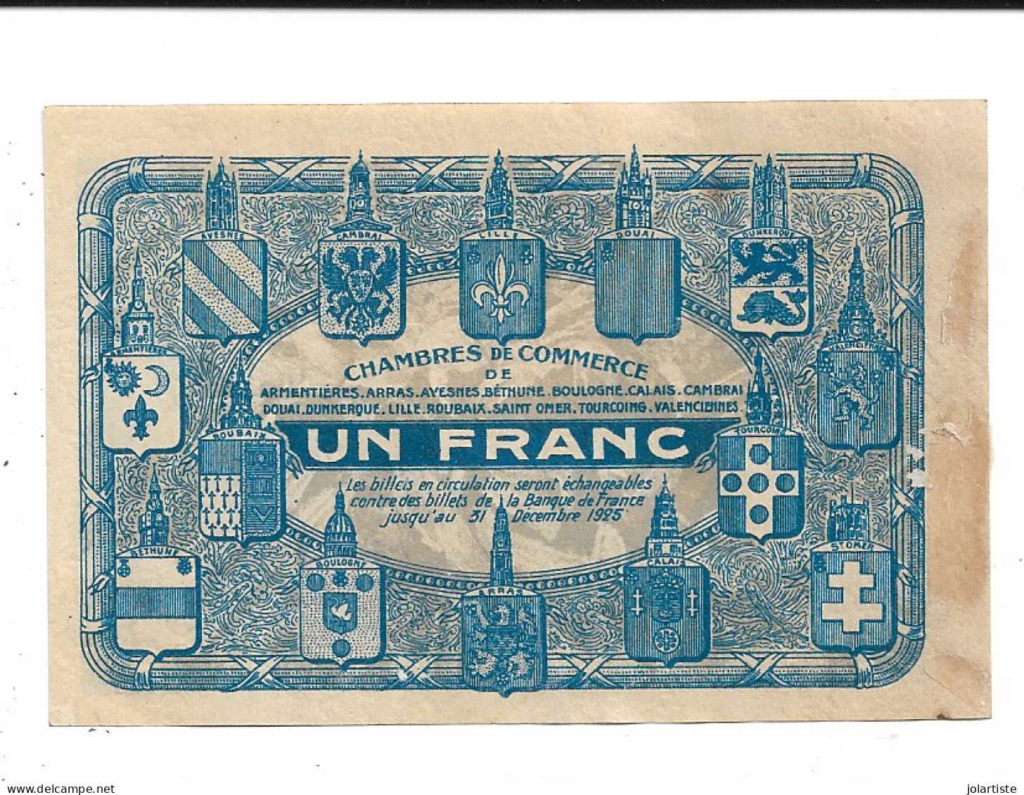 Billet Chambre  De Commerce Du Nord Et Du Pas De Calais Un Franc 1925 Papier Craquant Du Neuf    N0166 - Chambre De Commerce