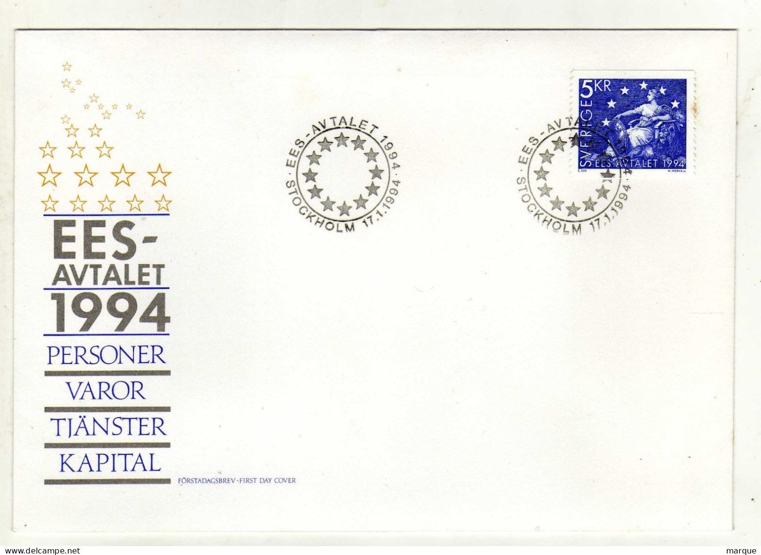 Enveloppe 1er Jour SUEDE SVERIGE Oblitération STOCKHLOM 17/01/1994 - FDC