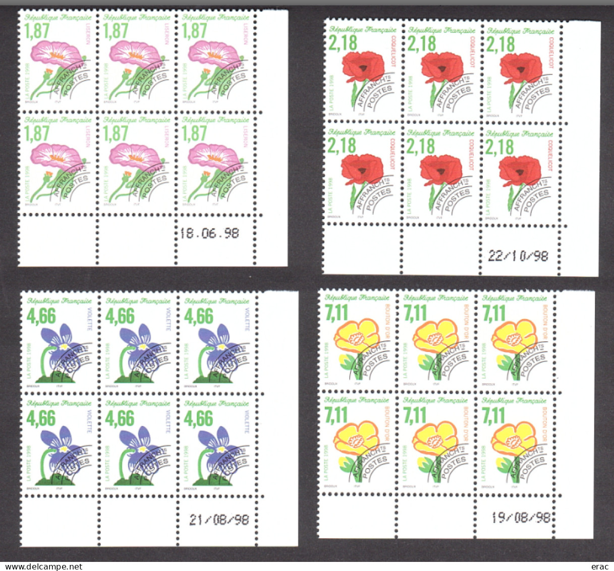 France - Blocs De 6 Datés 1998 Des Préos N° 240 à 243 - Neufs ** - Fleurs - Préoblitérés