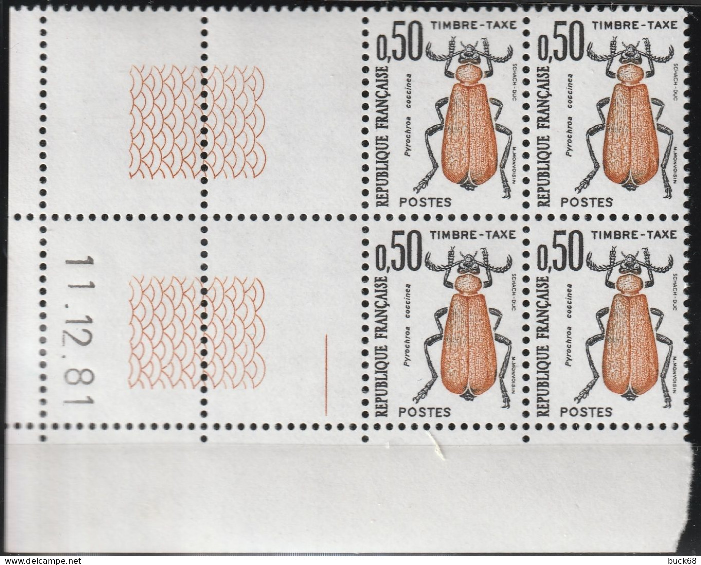 FRANCE Taxe 105 ** MNH Insecte Pyrochroa Coccinea Bloc De 4 Coin Daté 11.12.81 1981 - Strafport