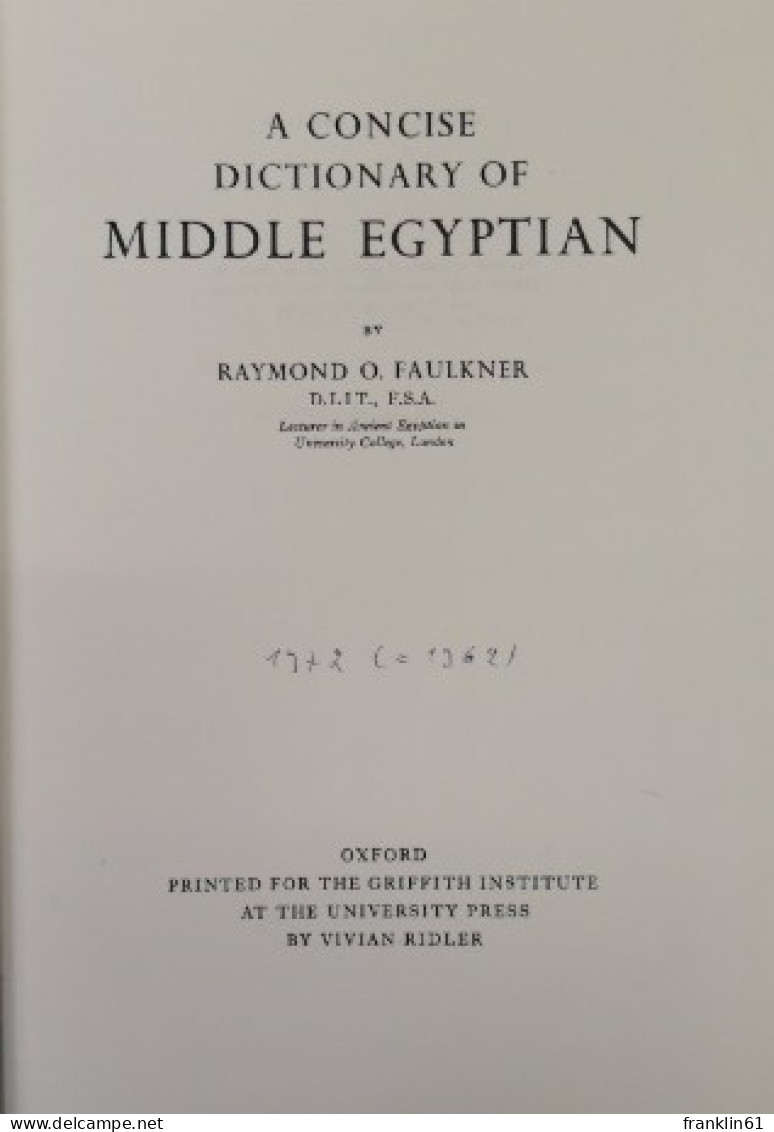 A Concise Dictionary Of Middle Egyptian. - Other & Unclassified