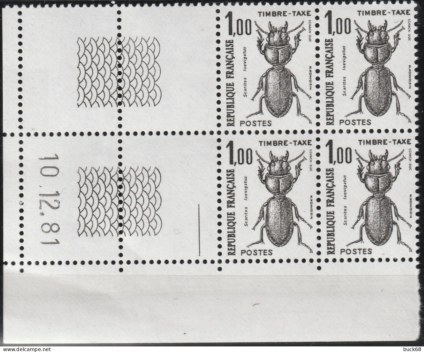 FRANCE Taxe 106 ** MNH Insecte Scarites Laevigatus Bloc De 4 Coin Daté 10.12.81 1981 - Taxe