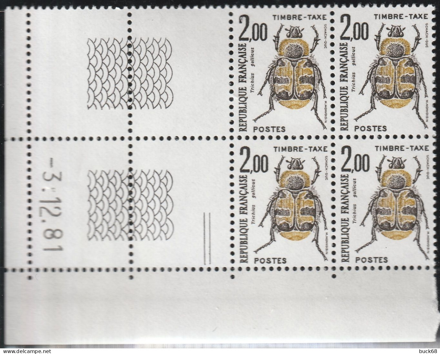 FRANCE Taxe 107 ** MNH Insecte Trichius Gallitus Bloc De 4 Coin Daté 3.12.81 1981 - Strafport