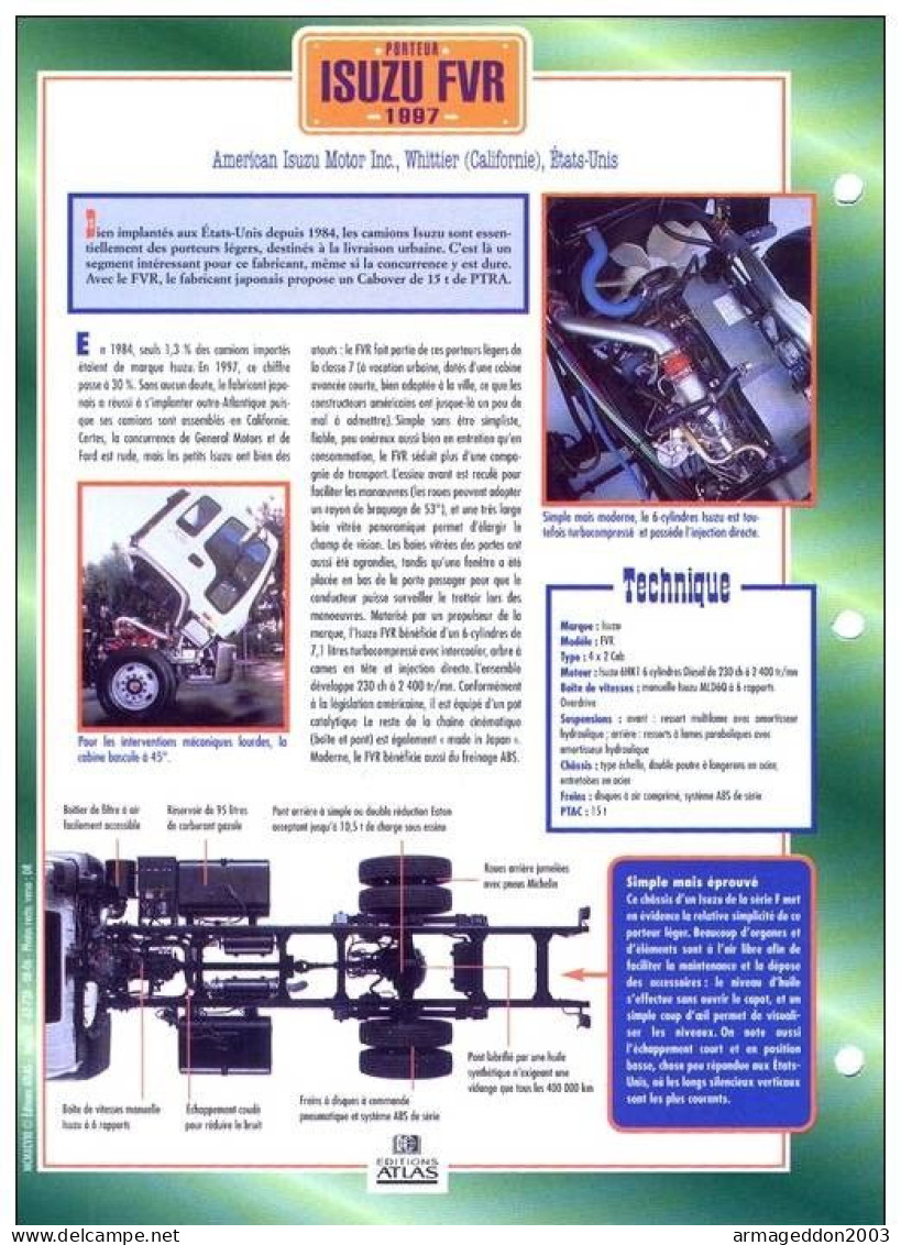 FICHE CARTONNE 25x18.5 CM CAMION DOC.AU DOS VOIR SCAN SERIE PORTEUR 1997 ISUZU FVR - Camions