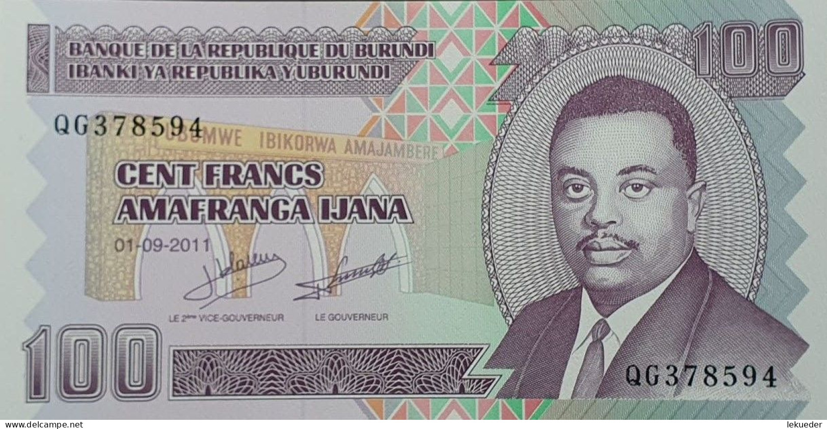 Billete De Banco De BURUNDI - 100 Francs, 2011  Sin Cursar - Burundi