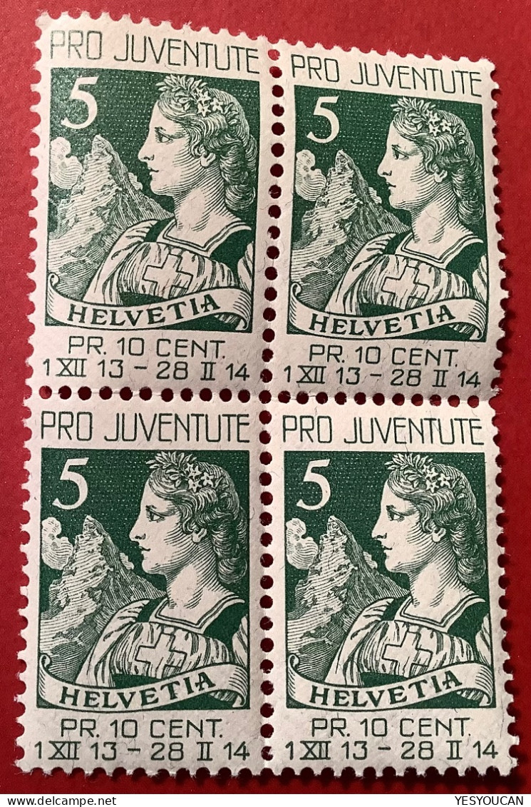 Pro Juventute 1913 ZNr J1 / Mi.117 LUXUS ** Viererblock 5+5 Helvetia Mit Matterhorn (postfrisch MNH Schweiz Montagne - Unused Stamps