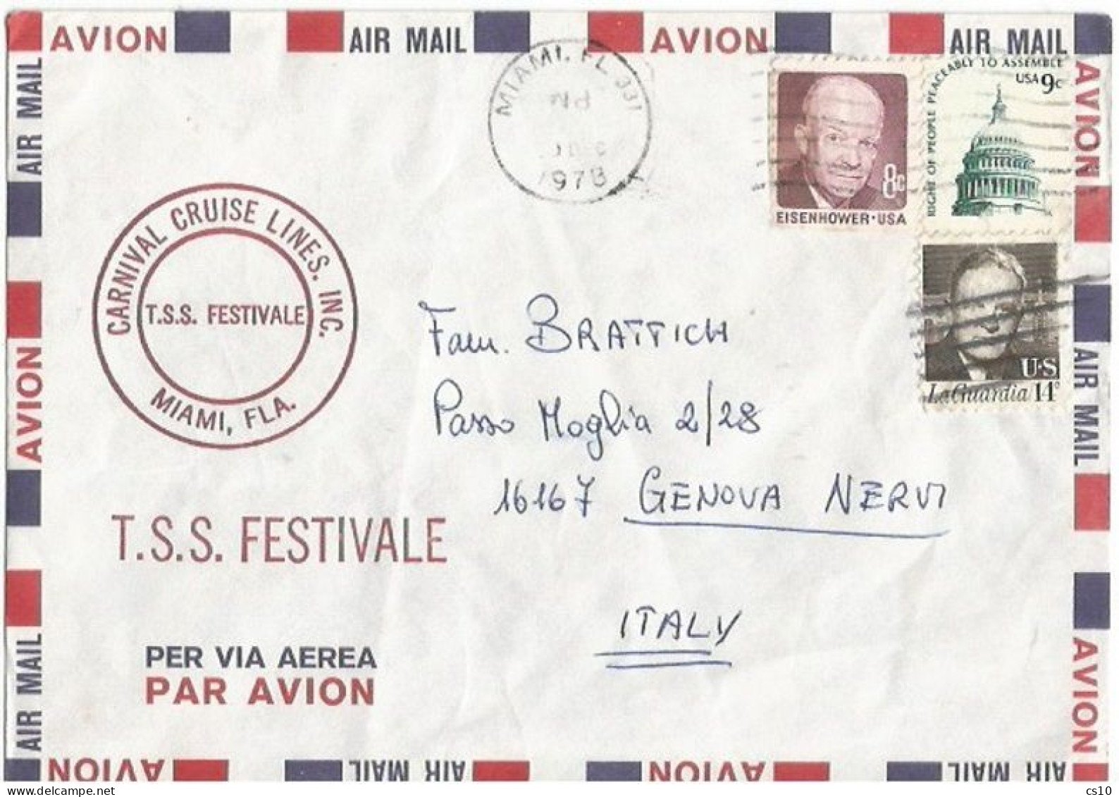 USA Paquebot ShipMail TSS Festivale AirmailCV Miami 20dec1978 X Italy With 3 Stamps - Altri (Mare)