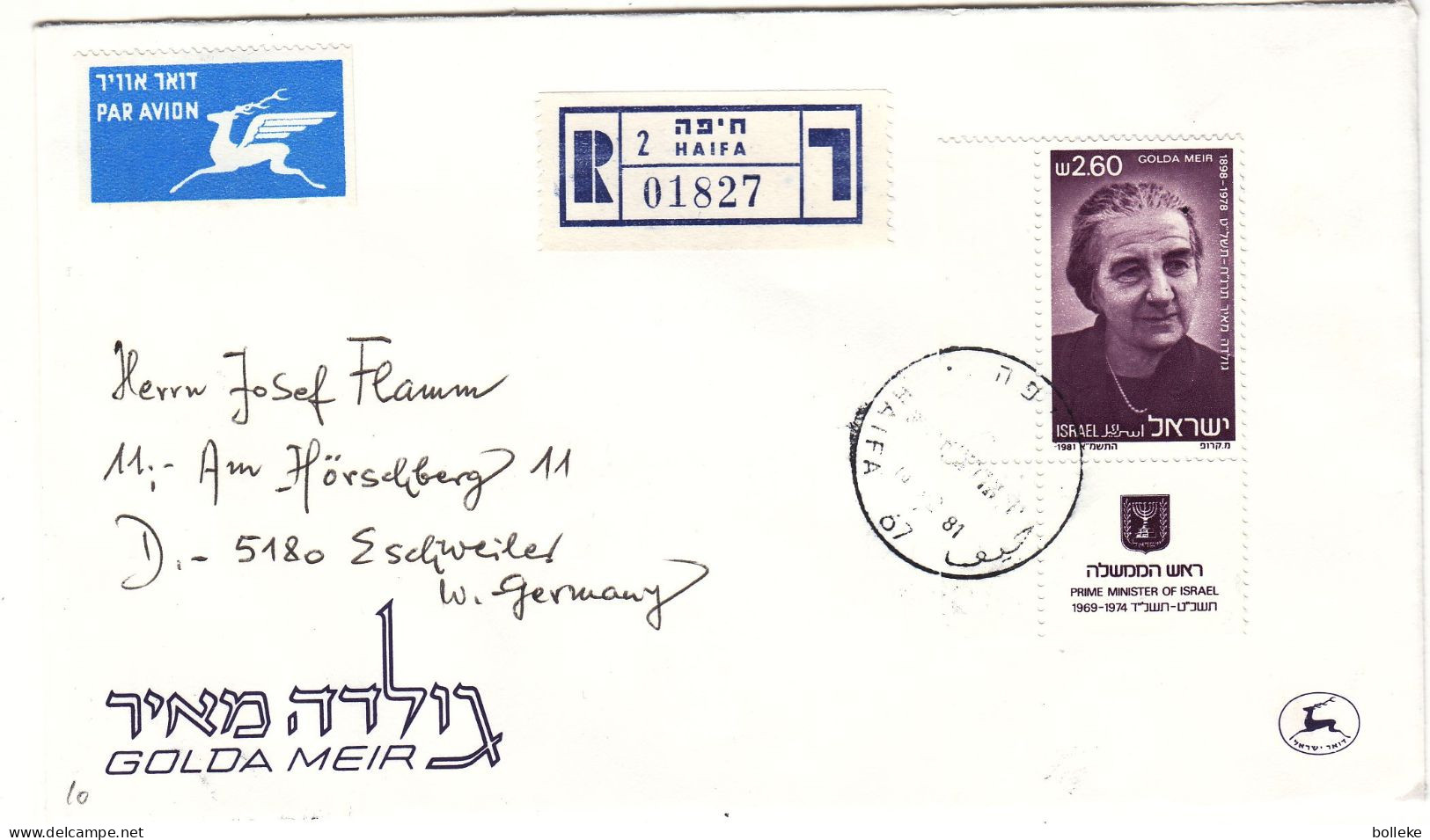 Israël - Lettre Recom De 1981 - Oblit Haifa - Golda Meir - - Lettres & Documents