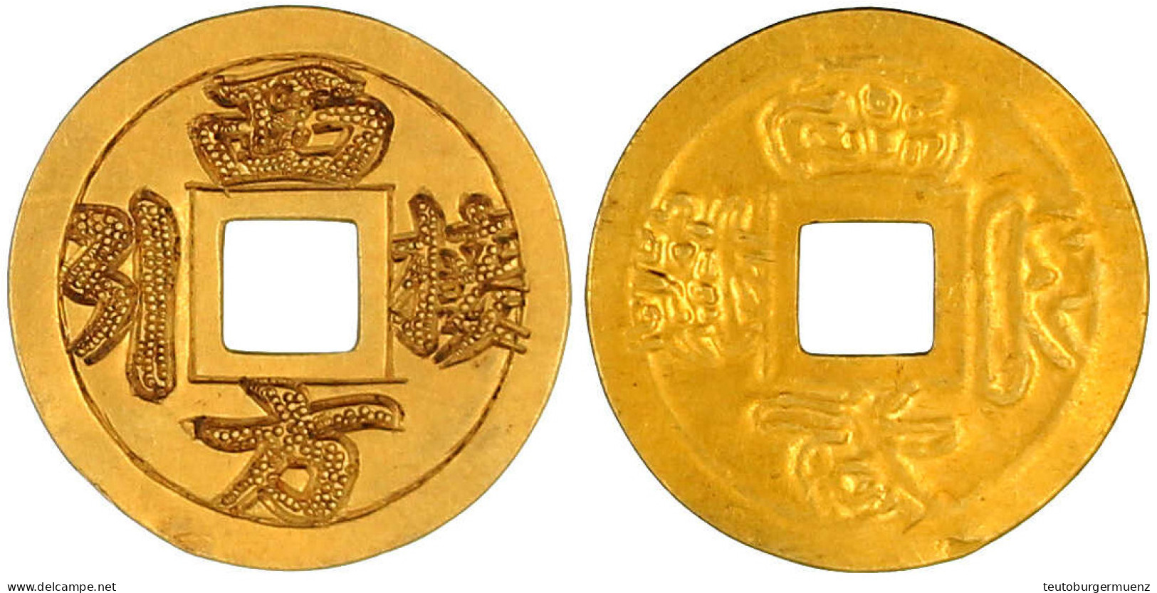 Gold-Amulett. Gravierte Zeichen 西方接引 Xīfāng Jiē Yǐn. 21 Mm; 2,45 G. 910/1000. Vorzüglich. Hartill (Amulette) -. Grundman - China