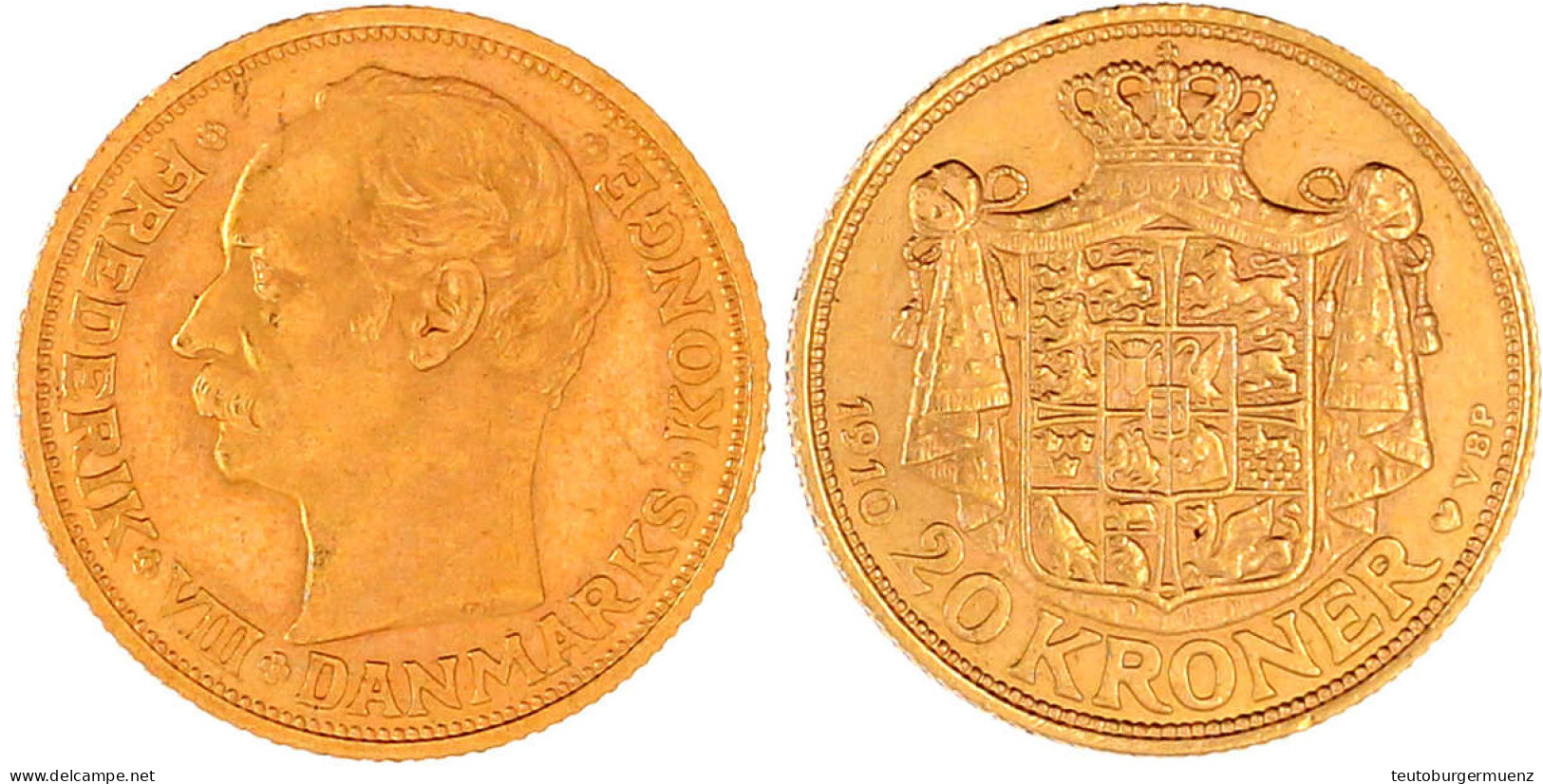 20 Kronen 1910 VBP. 8,96 G. 900/1000. Vorzüglich/Stempelglanz. Friedberg 297. Hede 1. - Dinamarca