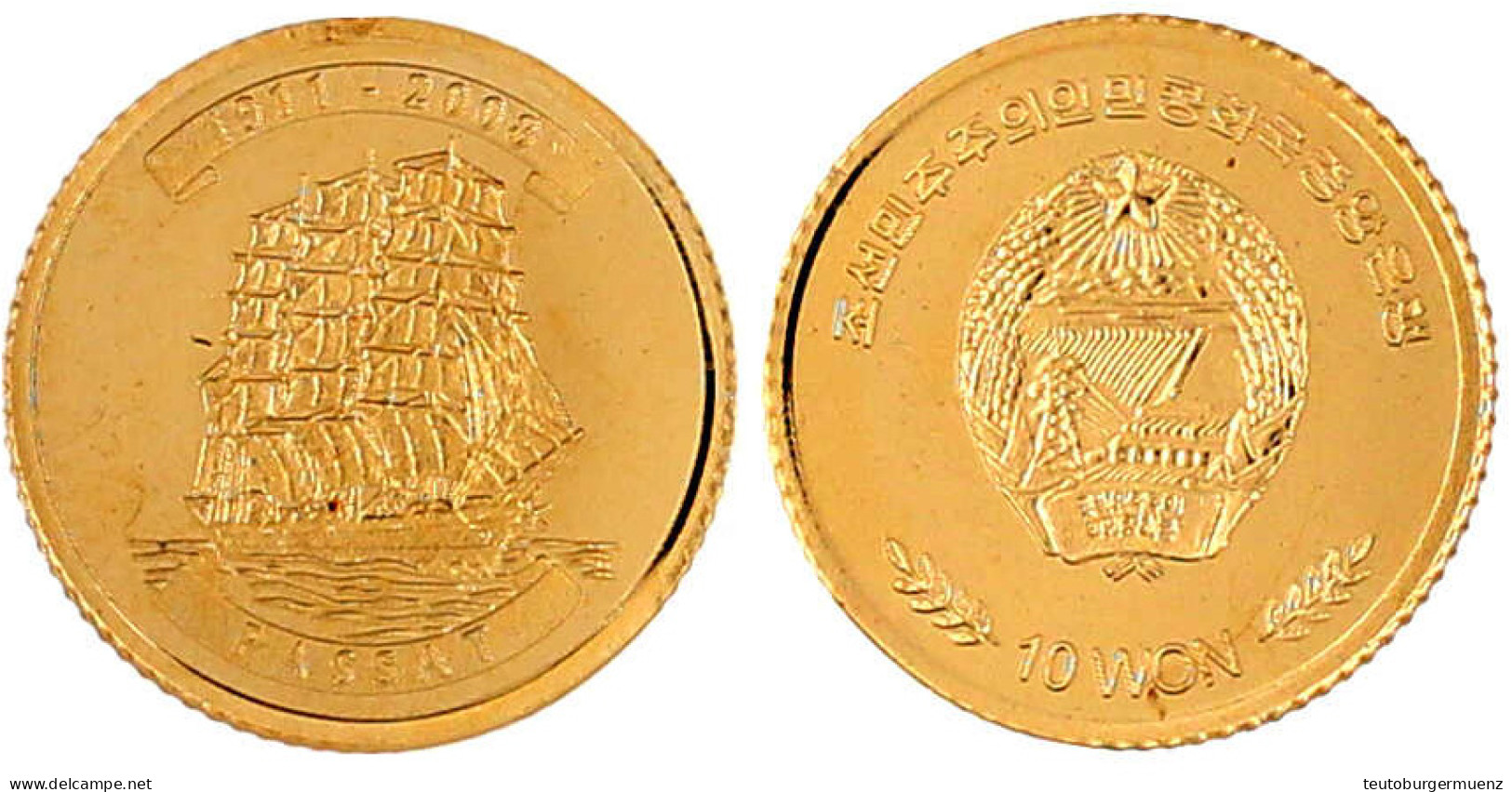 10 Won 2008. Segelschiff Passat. 1 G. 916/1000. In Kapsel. Polierte Platte, Teils Kl. Rote Flecke. Krause/Mishler 1198. - Corea Del Nord