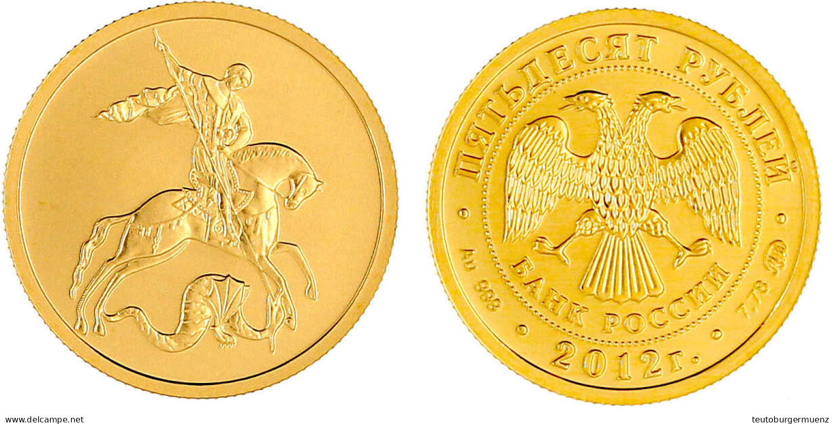 50 Rubel (1/4 Unze) 2012. St. Georg. 7,78 G. Feingold. Stempelglanz, In Kapsel. Parchimowicz 1663. - Russie