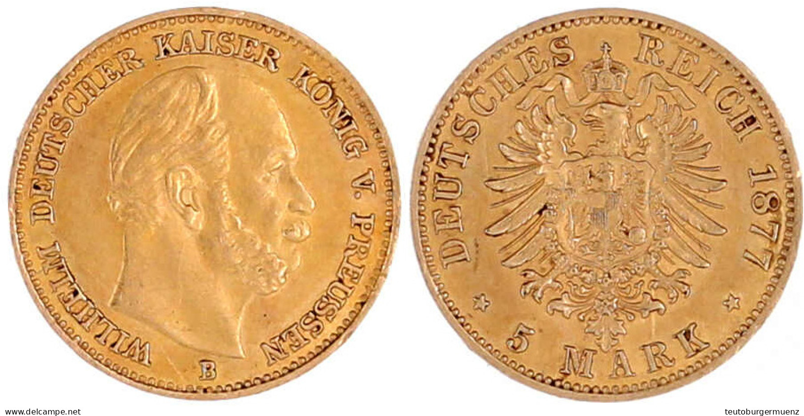 5 Mark 1877 B. Vorzüglich, Kl. Kratzer. Jaeger 244. - 5, 10 & 20 Mark Gold