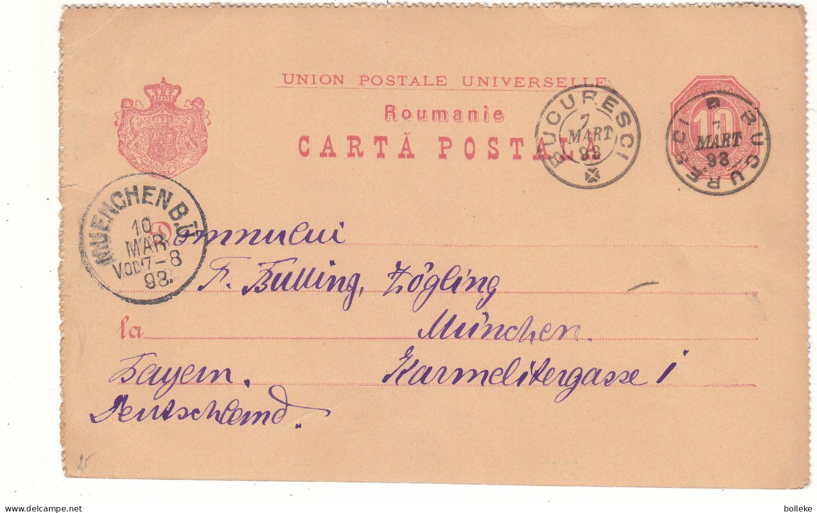 Roumanie - Carte Postale De 1893 - Entier Postal - Oblit Bucuresti - Exp Vers München - - Storia Postale