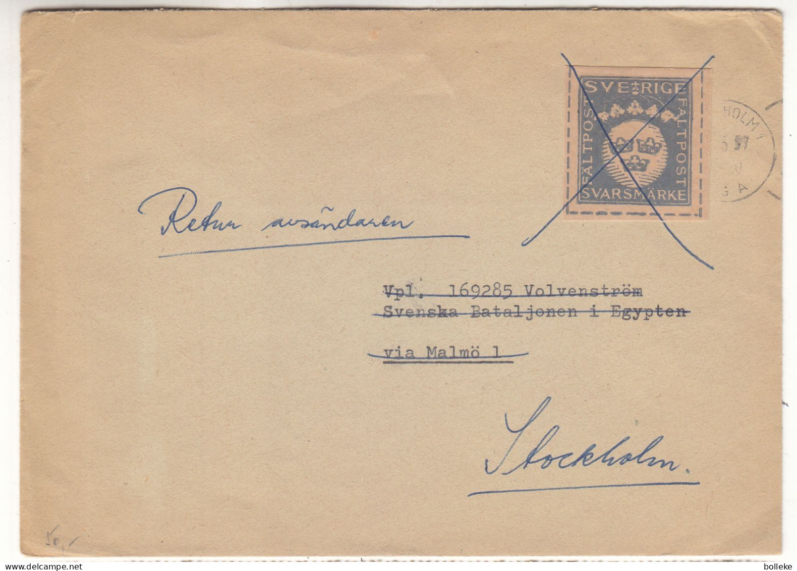 Suède - Lettre Militaire De 1957 - Oblit Stockholm - Exp Vers L'Egypte - Cachet Bataillon FN Suédois - - Militaire Zegels