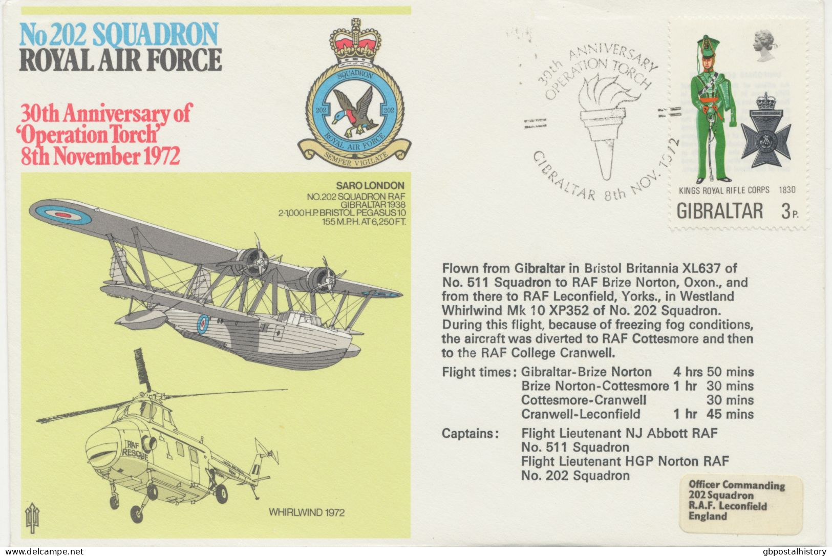 GIBRALTAR 8.11.1972, Special Flight Royal Air Force From GIBRALTAR In Bristol Britannia XL637 Of No. 511 Squadron To RAF - Gibraltar