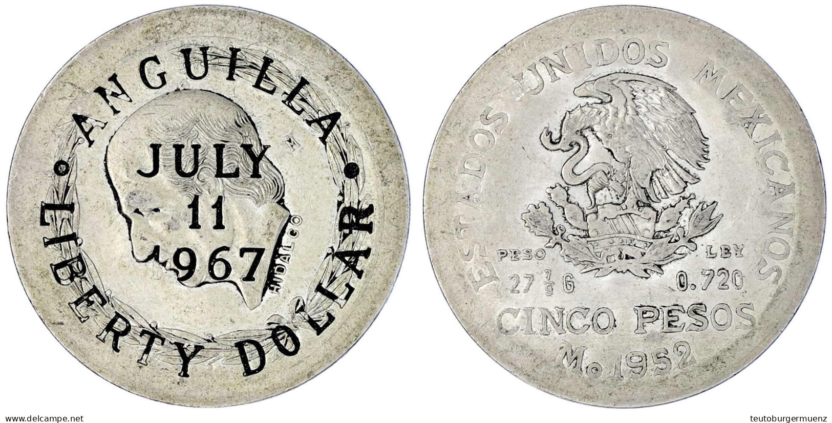 Liberty Dollar JULY 11 1967, Gegenstempel Auf 5 Pesos Mexiko 1952. Herausgegeben Vom San Francisco Chronicle Editor Scot - Antilles