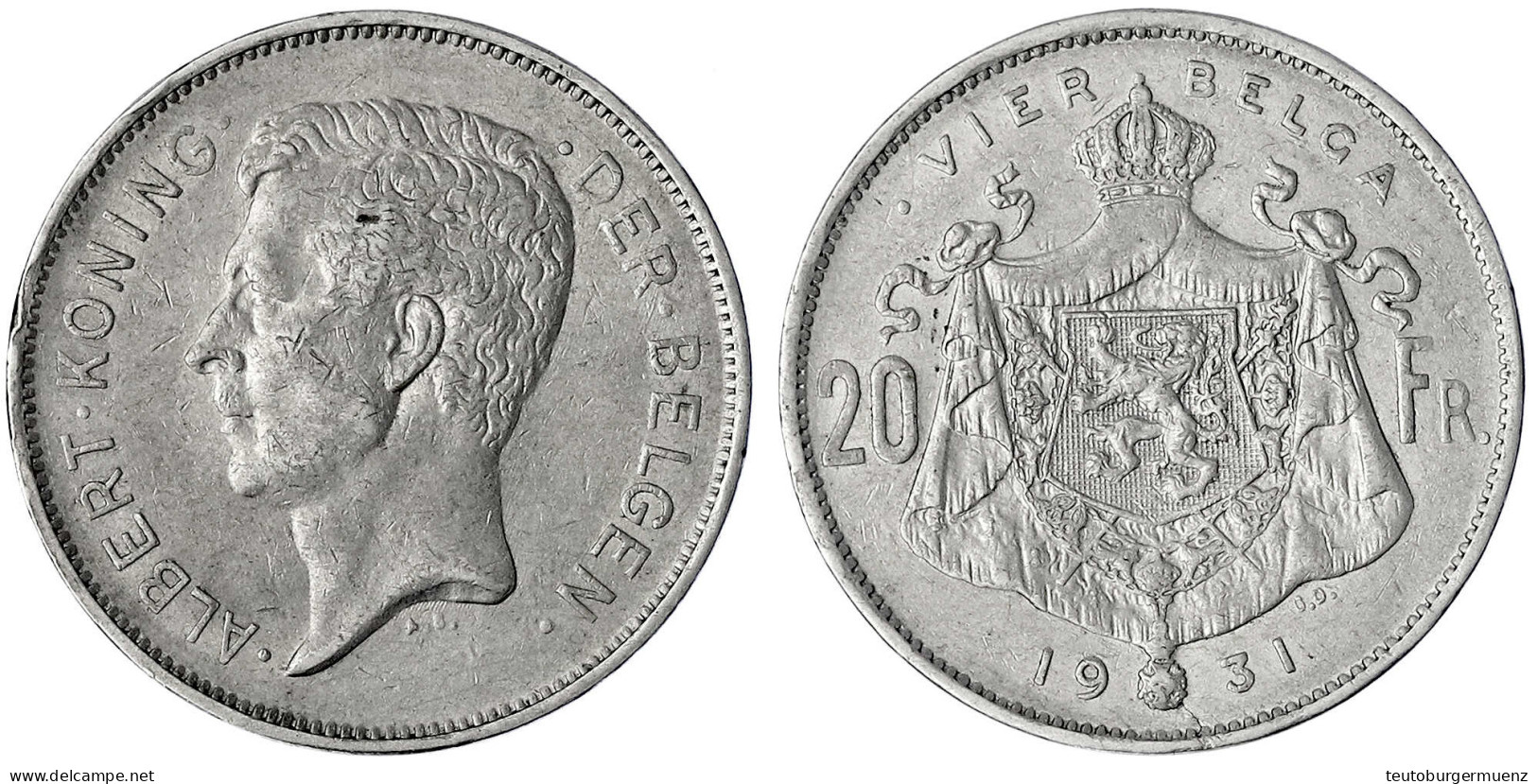 20 Francs 1931 Der Belgen. Sehr Schön/vorzüglich, Kl. Randfehler. Krause/Mishler 102. - Autres & Non Classés