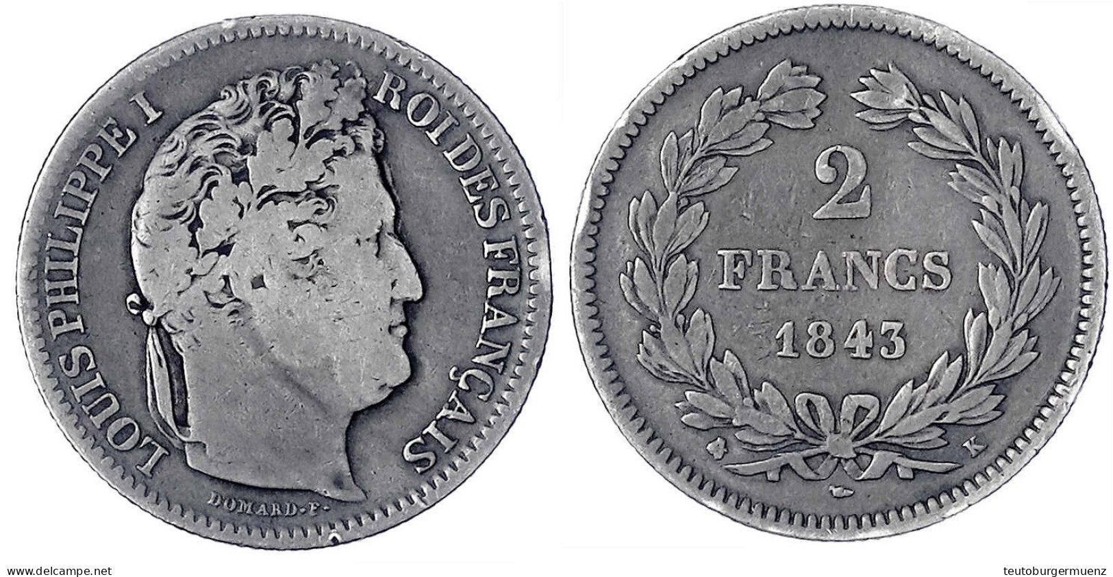 2 Francs 1843 K, Bordeaux. Schön, Selten. Gadoury 520. - Autres & Non Classés