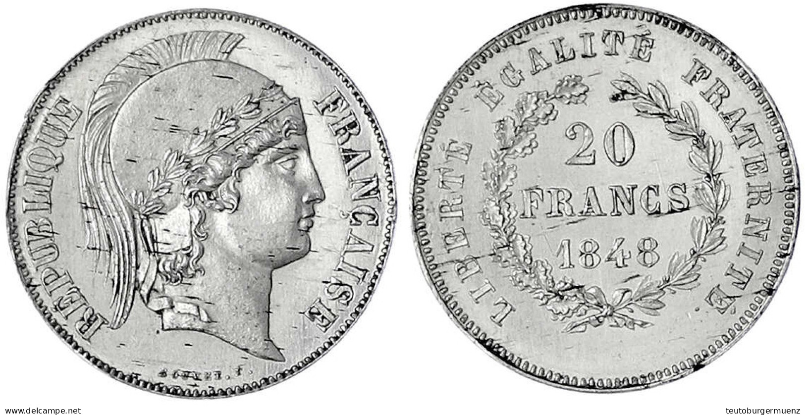Essai Zu 20 Francs In Zinn 1848 Von Bouvet. Kopf Der Athena R./Wert Im Lorbeer/Eichenkranz. 21 Mm, 2,72 G. Erstabschlag. - Autres & Non Classés