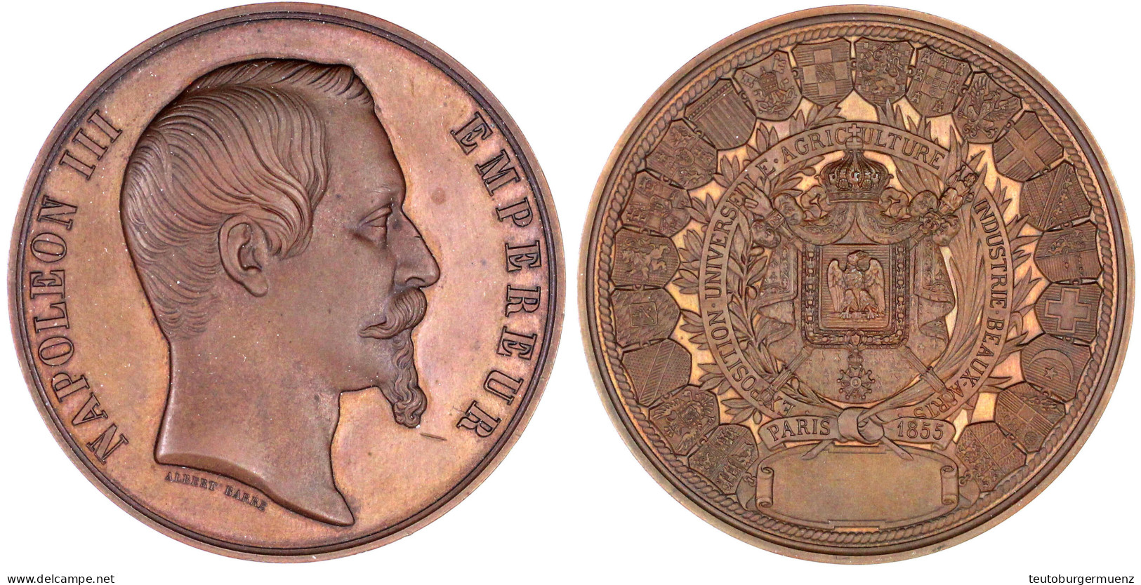 Bronzemedaille 1855 Von Barre, A.d. Weltausstellung Für Landwirtschaft, Industrie Und Schöne Kunst In Paris. 59 Mm. Im G - Autres & Non Classés