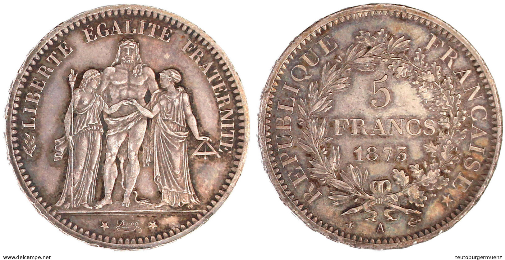 5 Francs 1873 A. Vorzüglich/Stempelglanz, Schöne Patina. Gadoury 745a. - Autres & Non Classés