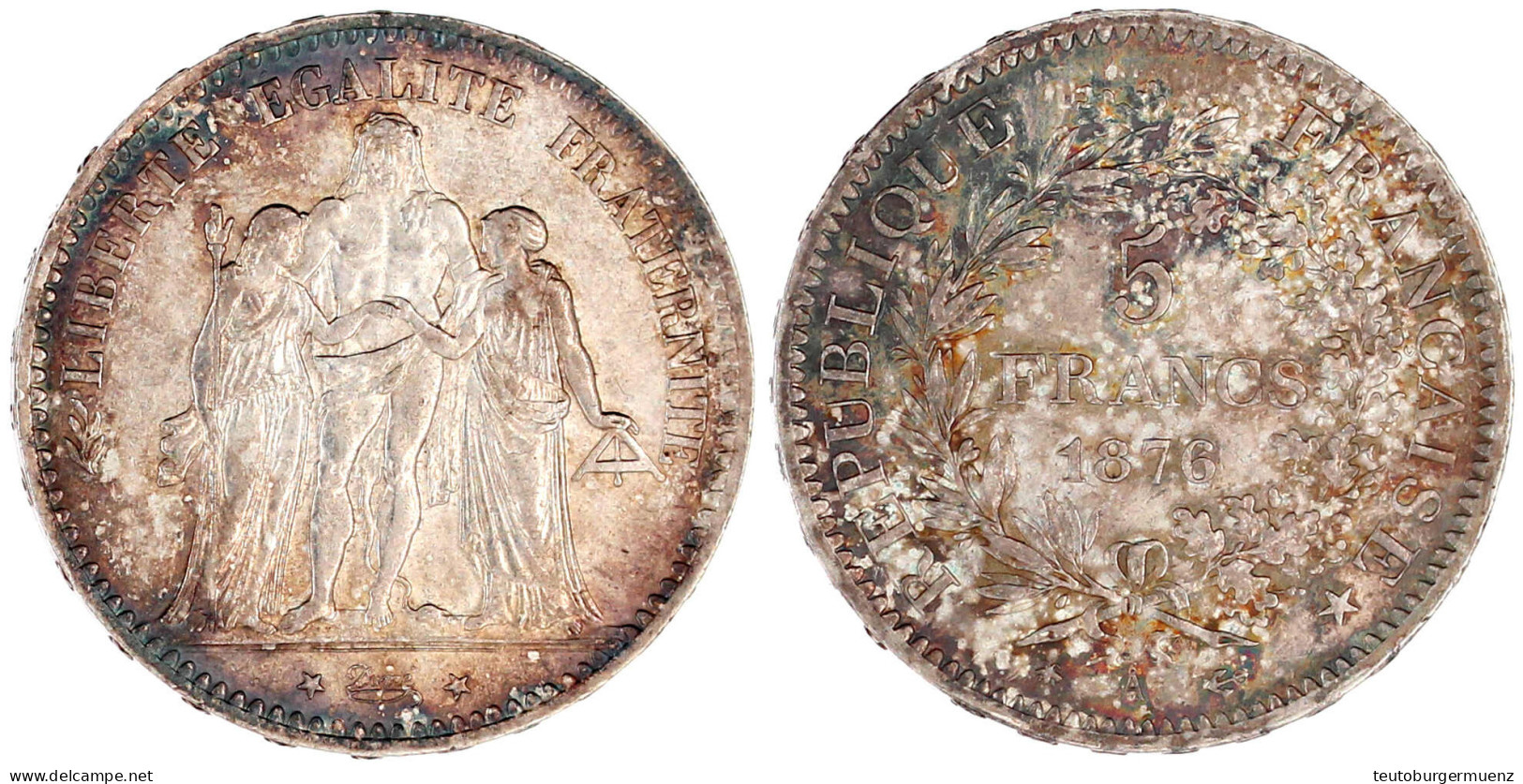 5 Francs 1876 A. Vorzüglich/Stempelglanz, Schöne Patina. Gadoury 745a. - Autres & Non Classés