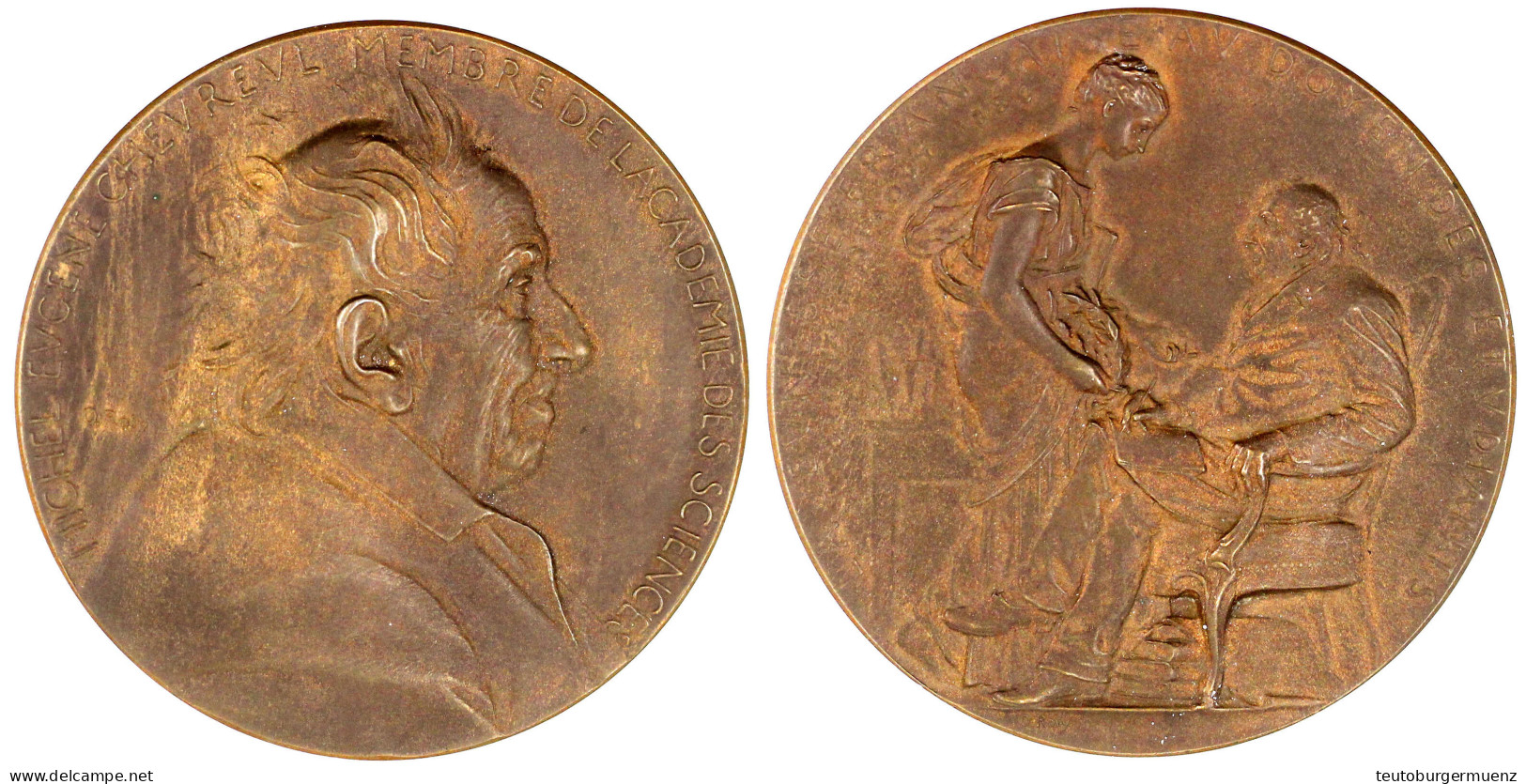 Bronzemedaille 1886 Von O. Roty. 100. Geburtstag Des Chemikers Michel Eugene Chevreul. 69 Mm. Im Beschädigten Und Handbe - Autres & Non Classés