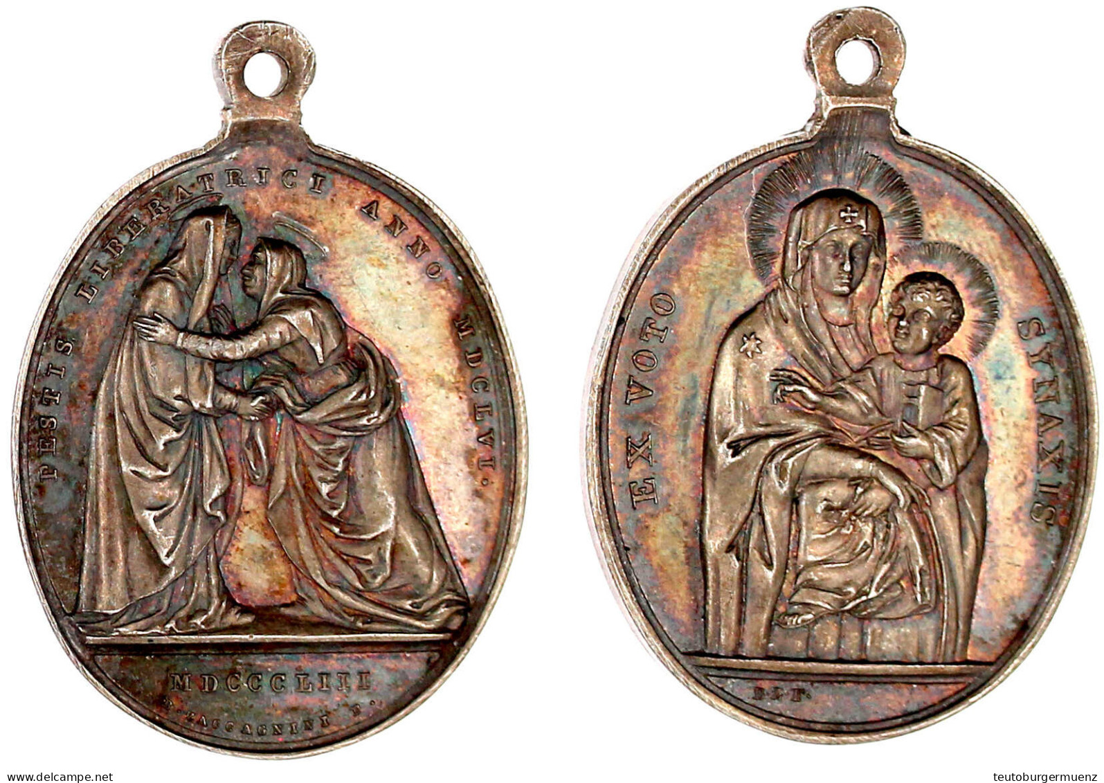 Tragbare Ovale Silbermedaille 1853 Von Zaccagnini. Madonno Del Popolo (Maria Santissima Del Rosario) In Der Basilica San - Sonstige & Ohne Zuordnung