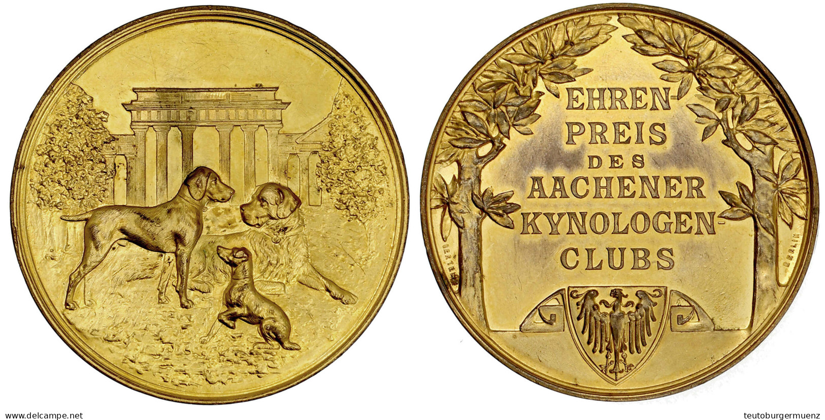 Vergoldete Bronzemedaille O.J.(1915) Von Oertel. Ehrenpreis Des Aachener Kynologenclubs. 50 Mm. Vorzüglich/Stempelglanz - Autres & Non Classés