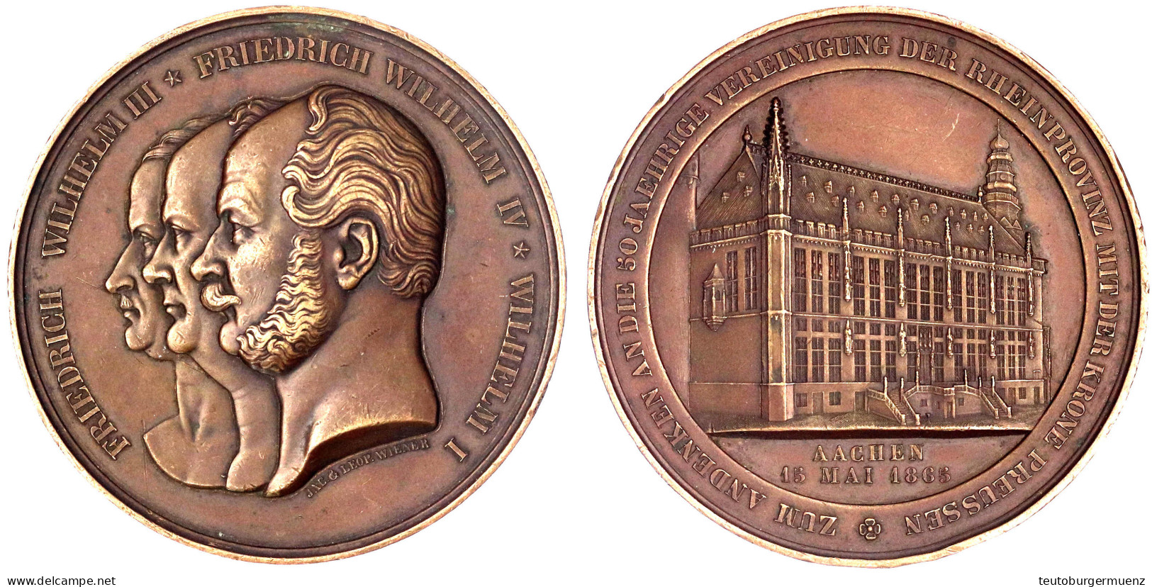 Große Bronzemedaille 1865 Der Gebr. Wiener. 50 J. Vereinigung Der Rheinprovinz Mit Preussen. Köpfe Der Könige Friedrich  - Autres & Non Classés