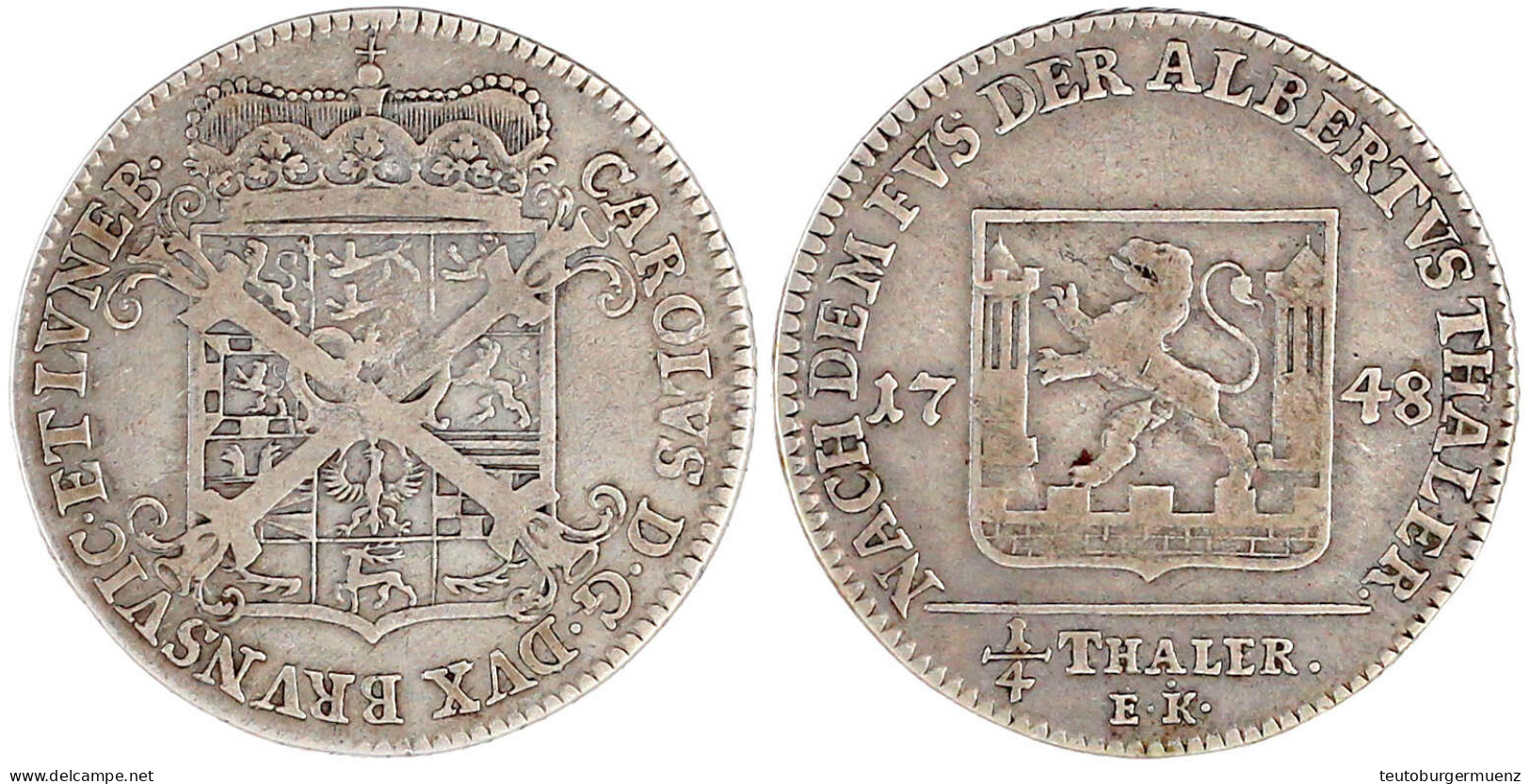 1/4 Albertustaler 1748 EK (Engelhard Johann Krull), Braunschweig. Sehr Schön, Selten. Welter 2748. Knigge 1489. Fiala 19 - Other & Unclassified