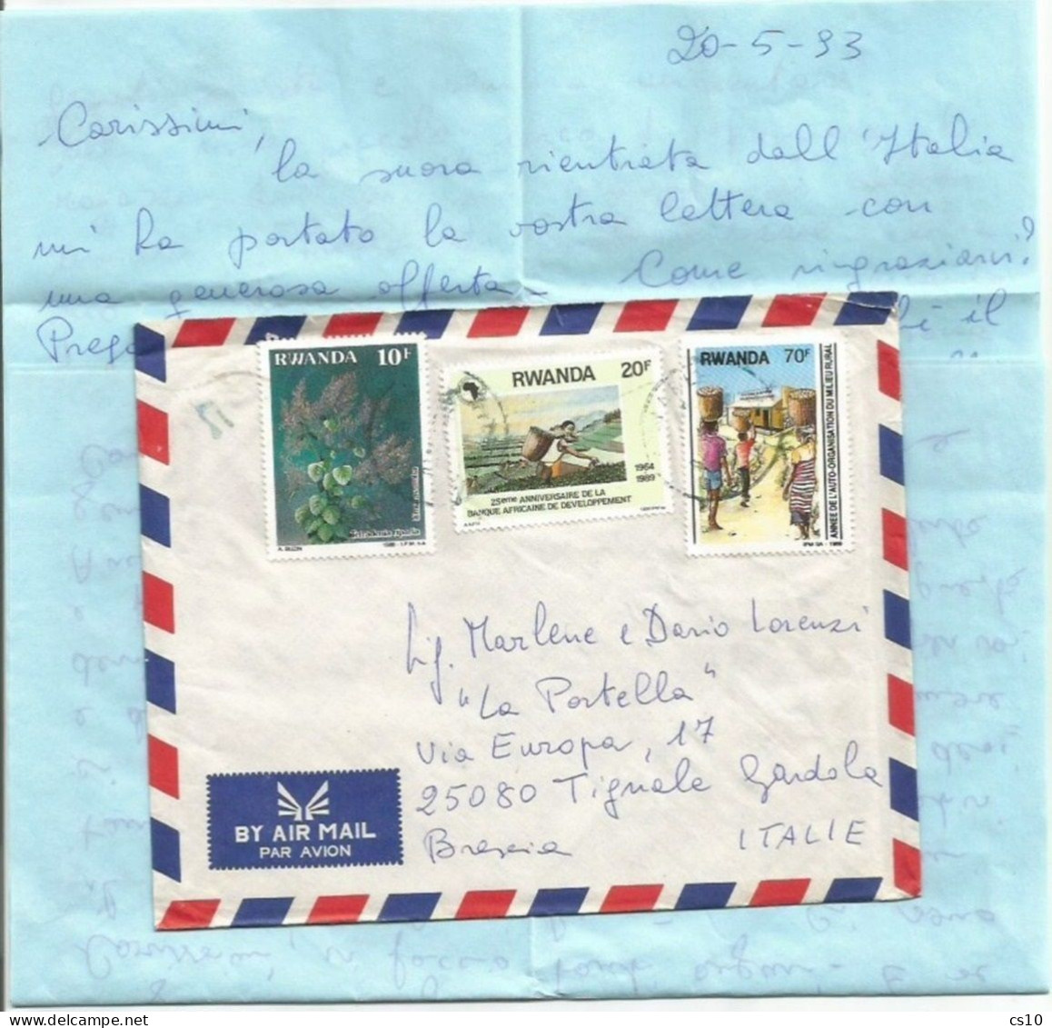 Rwanda Civil War Era Lettre June1993 X Italie Avec 3 Timbre + Text Sul La Guerre - Lettres & Documents