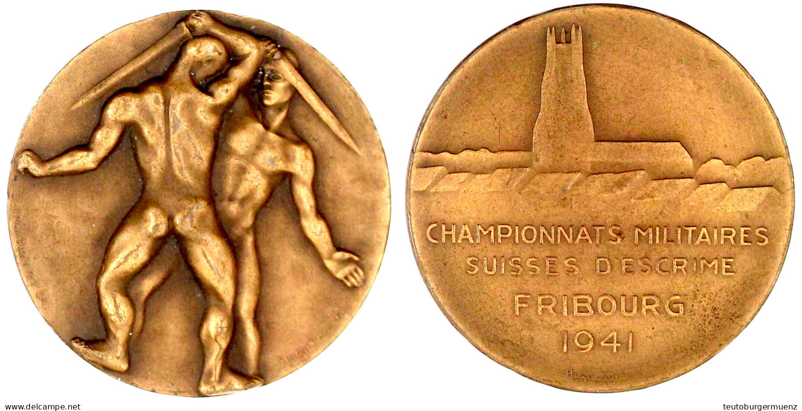 Bronzemedaille 1941 Von Burckhardt Bei Huguenin. Militär-Fechtmeisterschaft Freiburg. 2 Nackte Fechter/Gebäudekomplex. 4 - Non Classés