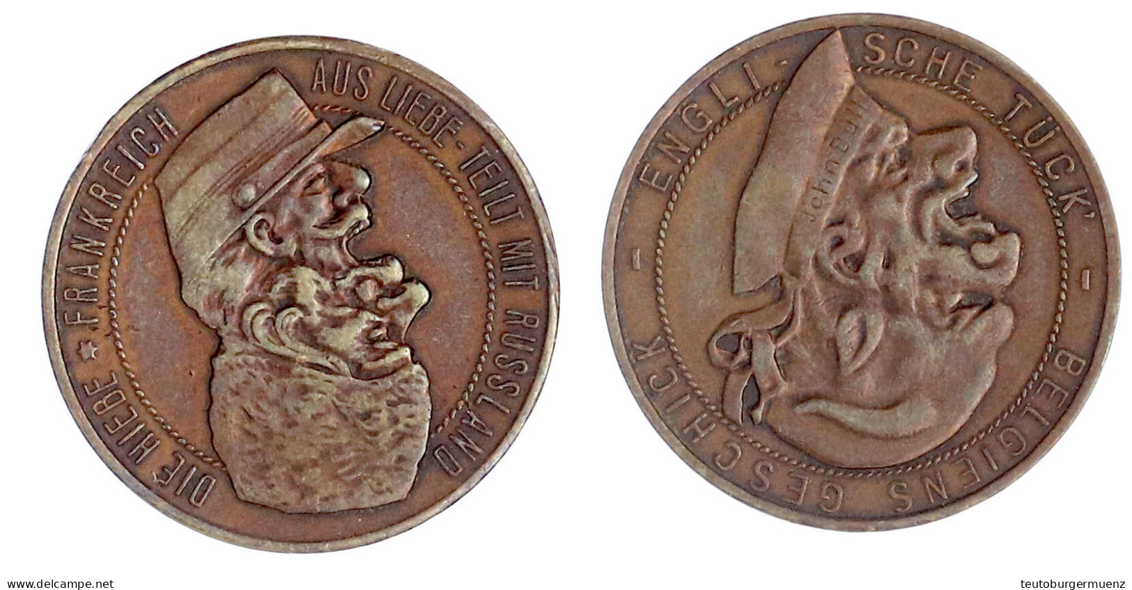 Bronzemedaille O.J. "Englische Tück-Belgiens Geschick". Vexierbild Aus Glatzkopf Und Seemann Mit "John Bull" Auf Dem Müt - Non Classés