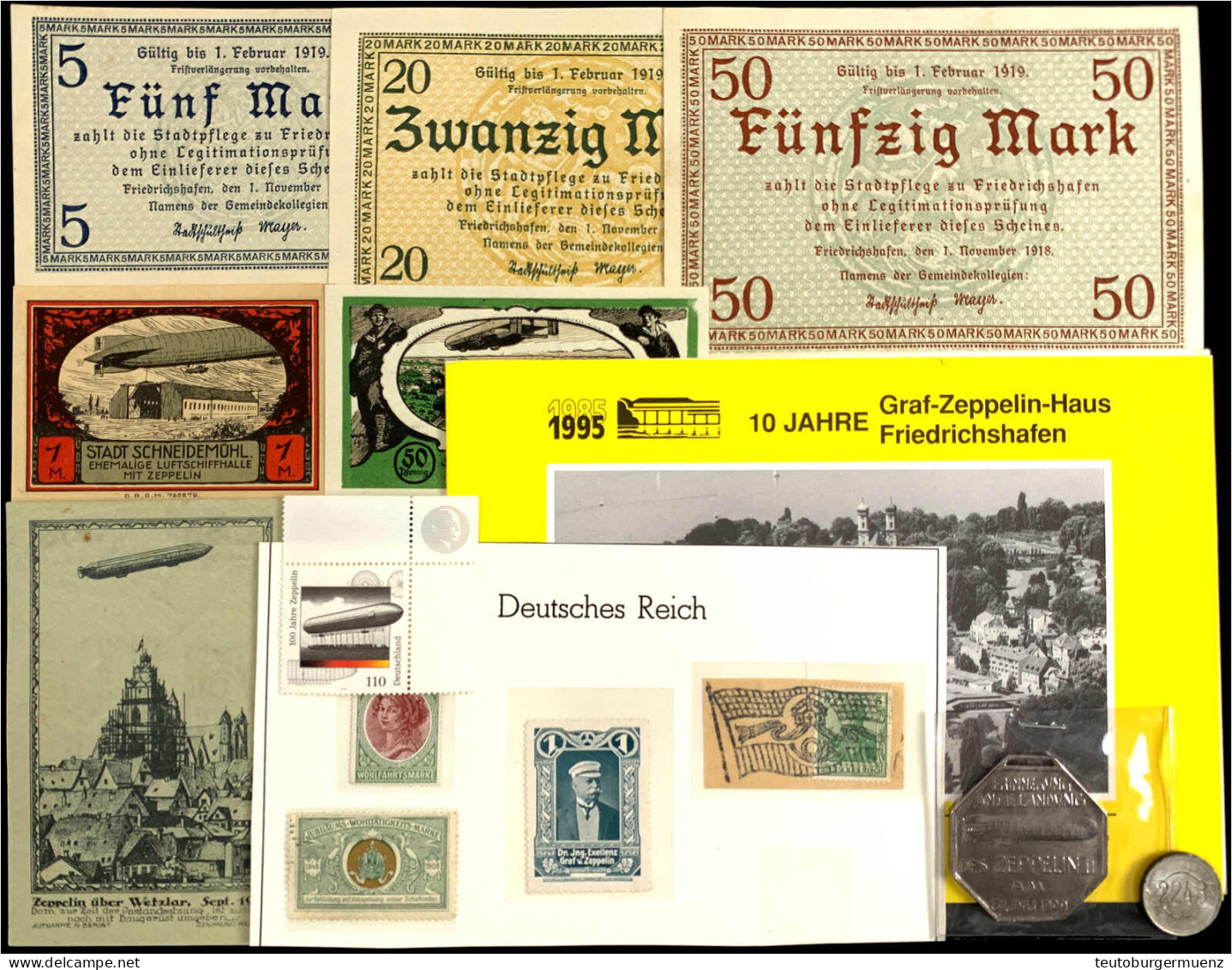 Zeppelin, Lot Von 6 Notgeldscheinen, Briefmarken Und Belegen. Darunter Die Zeppelin Wertmarke Nr. 2243 Und Eine Replik D - Non Classés